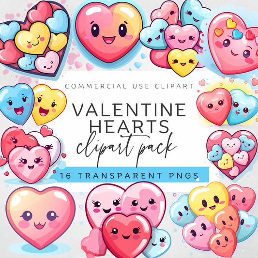 Valentine's Day Kawaii Hearts Clipart Collection - Watercolor Loveheart Digital Art