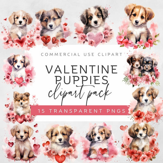 Adorable Valentine Puppy Clipart Collection - Watercolor Heart & Animal Illustrations for Personal and Commercial Use
