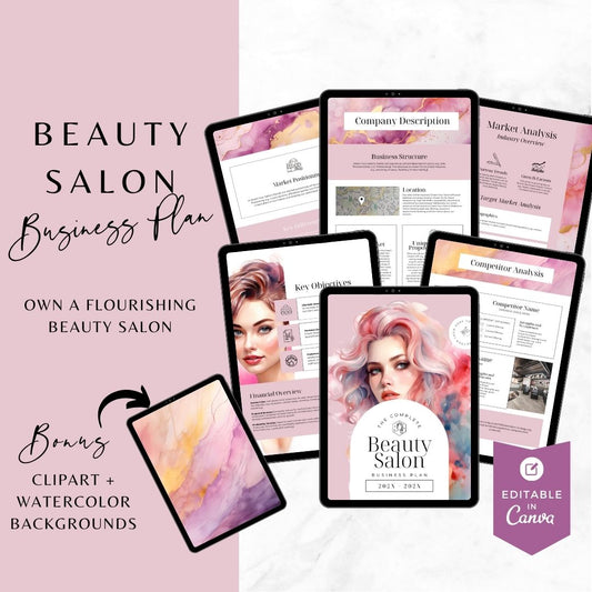 Beauty Salon Business Plan & Design Template - Editable in Canva with Bonus Watercolor Graphics