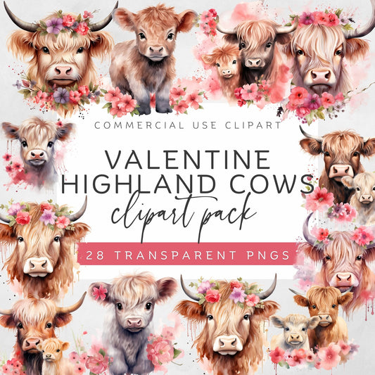 Valentine Highland Cow Clipart - Watercolor Heifer & Floral Hearts Collection