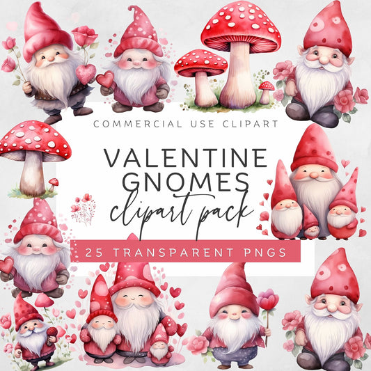 Valentine Gnomes Clipart Collection - Watercolor Fantasy Art for Creative Projects