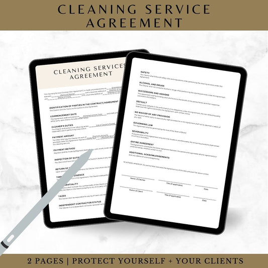Editable Cleaning Service Contract Template - Canva 2-Page Agreement for Cleaning Businesses